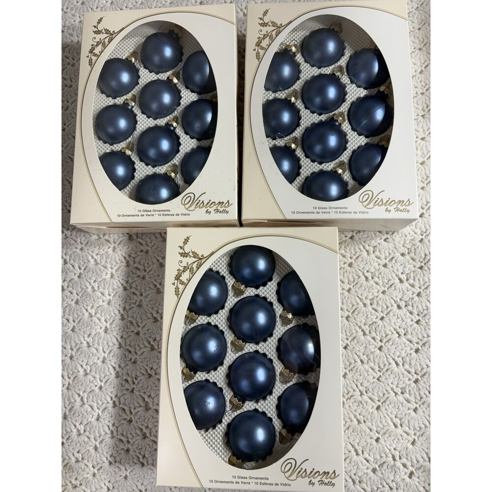 30 Glass Ornaments Visions by Holly Decorations Christmas Tree in Box Blue 1.75”